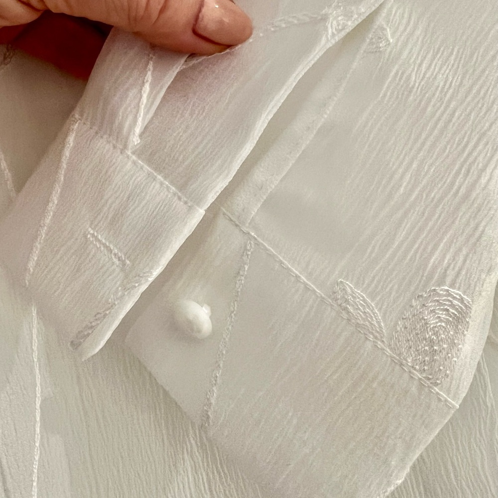 Elegant Sheer White Blouse with Leaf Embroidery - Picture 8 of 10